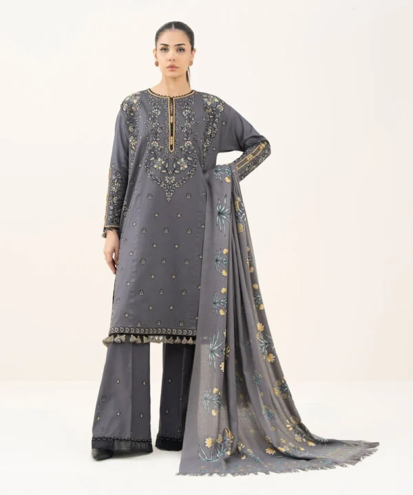 3 Piece - Embroidered Cotton Satin Suit
