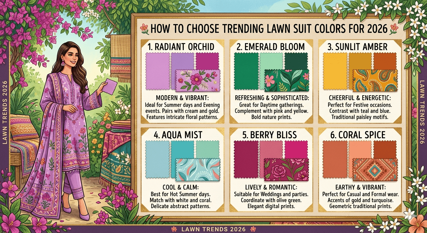 026 Lawn Suit Trends: Infographic showcasing 6 palettes—Radiant Orchid, Emerald, Amber, Aqua, Berry, and Coral—with models in a vibrant floral garden.