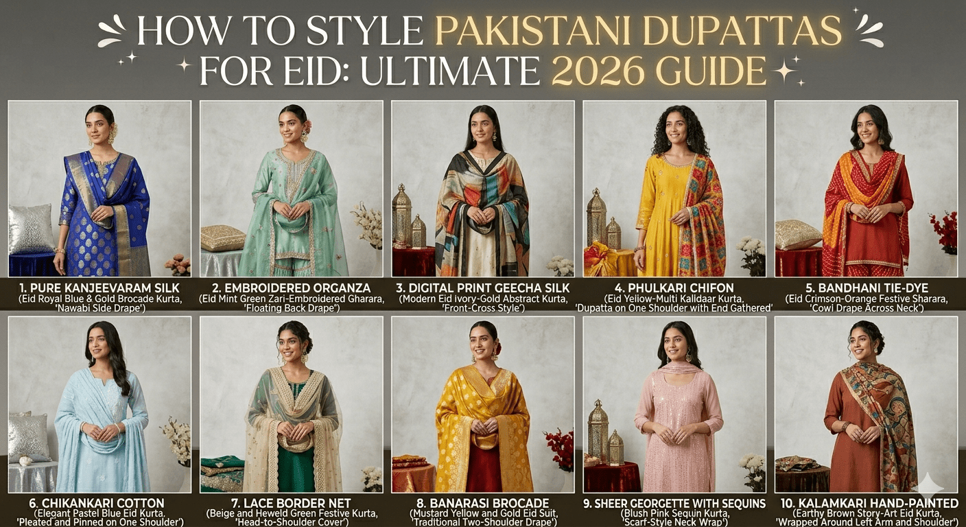 Dupattas add modesty, grace, and personality to salwar kameez, lehengas, or Anarkalis during Eid prayers and celebrations. Trends emphasize heavy embroidery, contrast colors, and versatile drapes for Chand Raat to iftar parties.