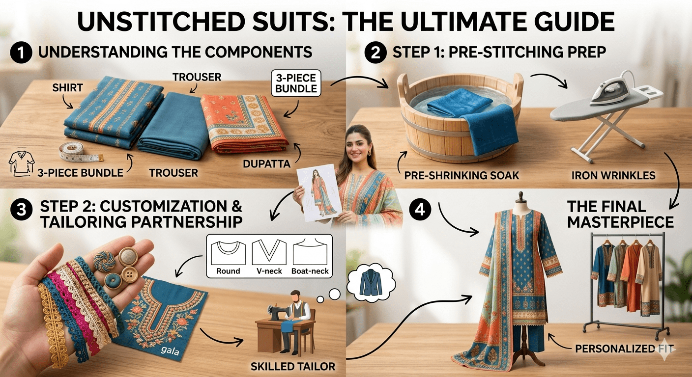 This image illustrates the step-by-step transformation from raw fabric pieces to a personalized, beautifully tailored outfit.