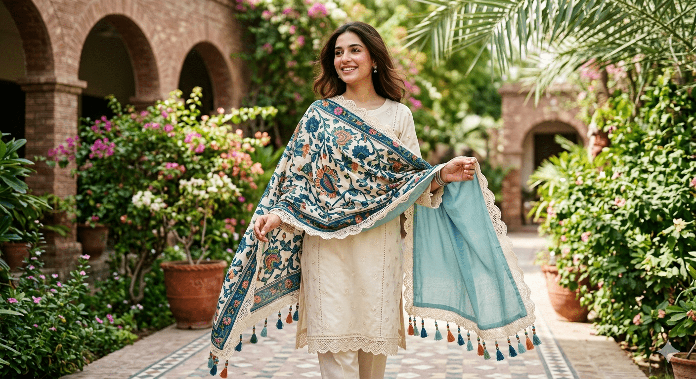 Reversible dupattas for summer 2026 blend lightweight fabrics with dual-sided designs that flip between bold prints and subtle solids, perfect for Pakistan's humid season. Trends emphasize breathable chiffon-lawn mixes with scalloped edges, lace corners, and tassel pallus for versatile styling on lawn suits.