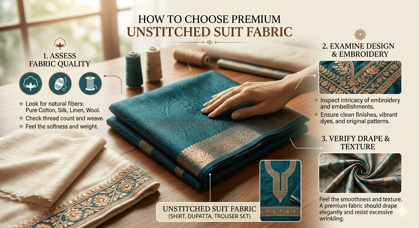 The Shirt (Kameez): A folded piece featuring an intricately embroidered gold neckline and sleeve borders.