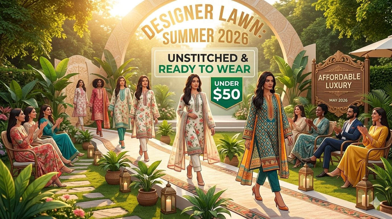 Stylish designer lawn suits available for under $50, showcasing vibrant colors and modern patterns.