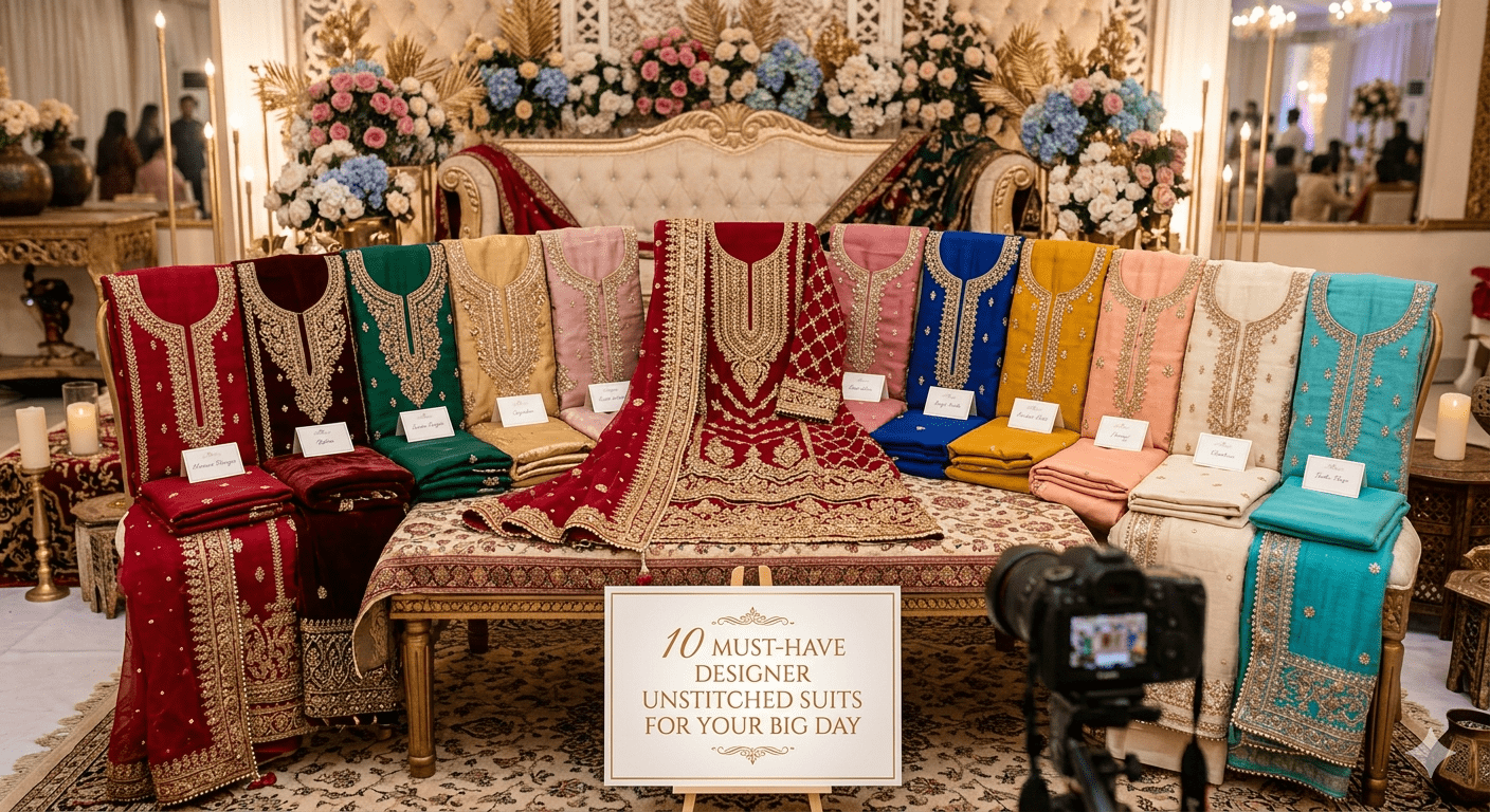 : Ten distinct fabric sets are draped neatly across a long, ornate upholstered bench. The colors range from deep maroon and emerald green to vibrant mustard,