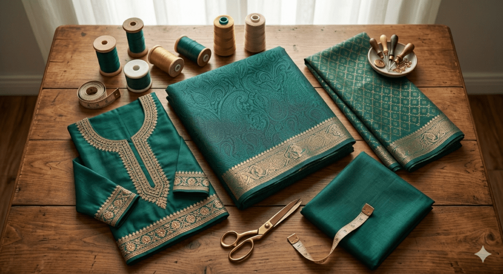 A large, neatly folded bolt of fabric with a subtle, tonal paisley jacquard pattern and a broad gold-woven border.