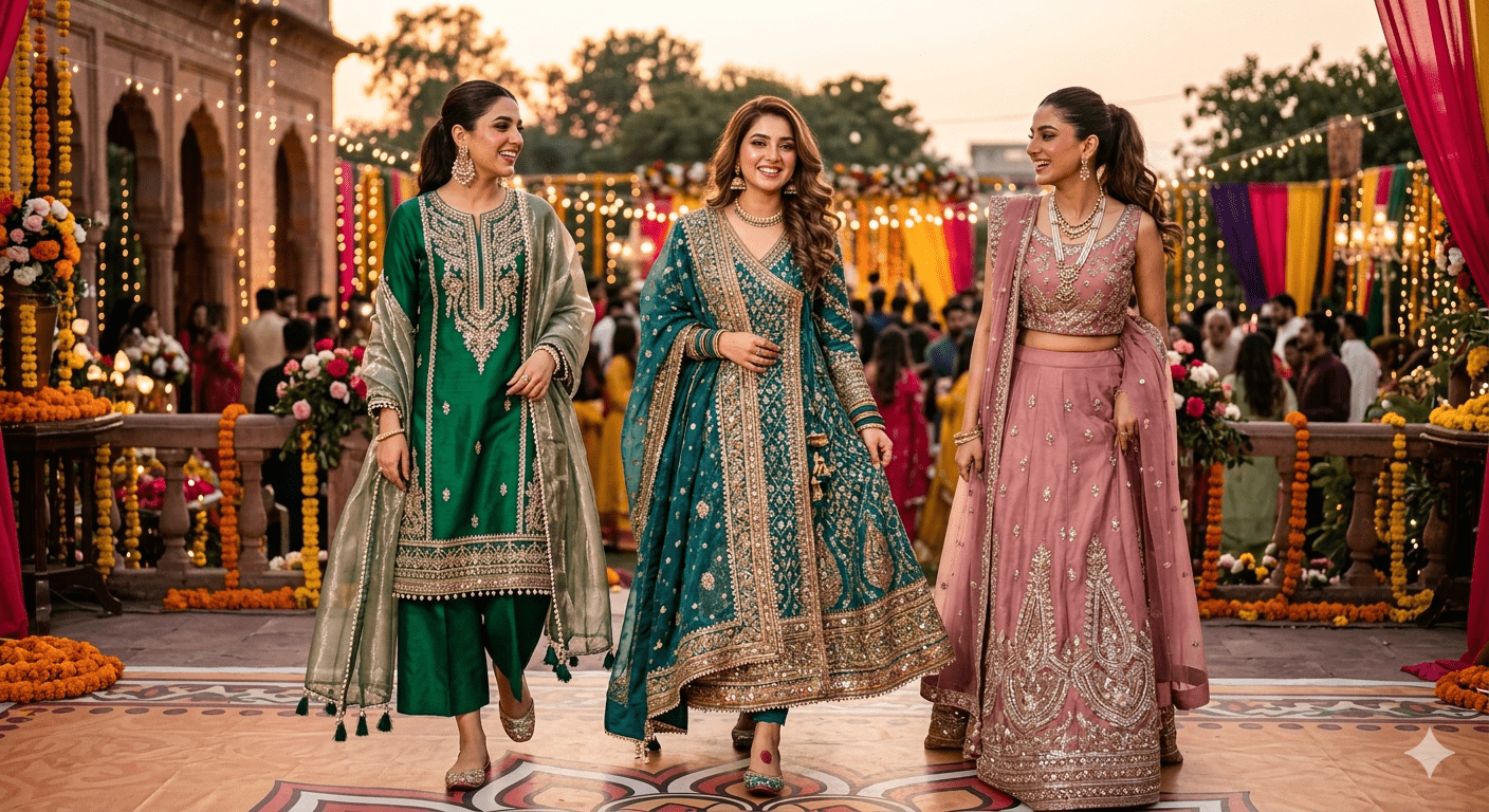 A woman in a deep teal angrakha-style pishwas. The frock features intricate gold embroidery (zari) along the hem and bodice, paired with sleek straight trousers and a matching sheer organza dupatta.