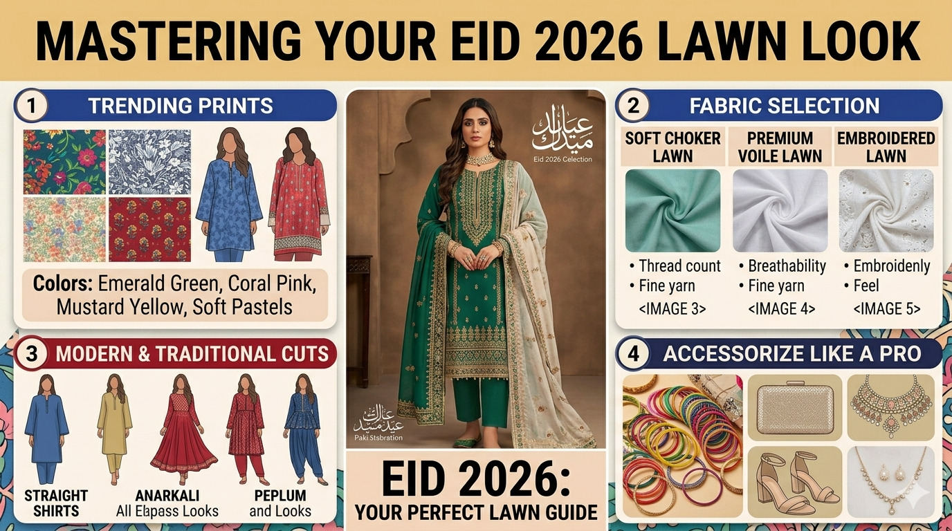 Eid 2026 Trends: Showcases bold floral prints and intricate embroidery. It lists trending colors: Emerald Green, Coral Pink, Mustard Yellow, and Soft Pastels.