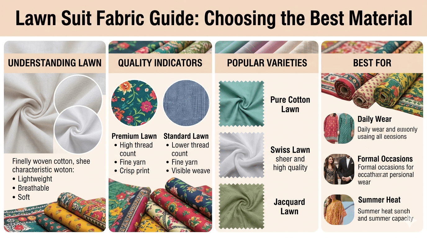 An educational infographic titled "Lawn Suit Fabric Guide: Choosing the Best Material." The layout is divided into four vertical columns with a light beige background