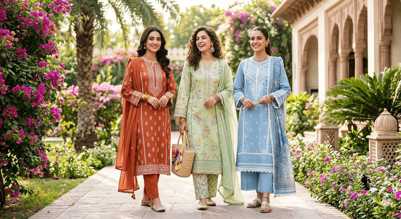 1. Three women in traditional attire walking together along a scenic path surrounded by greenery.