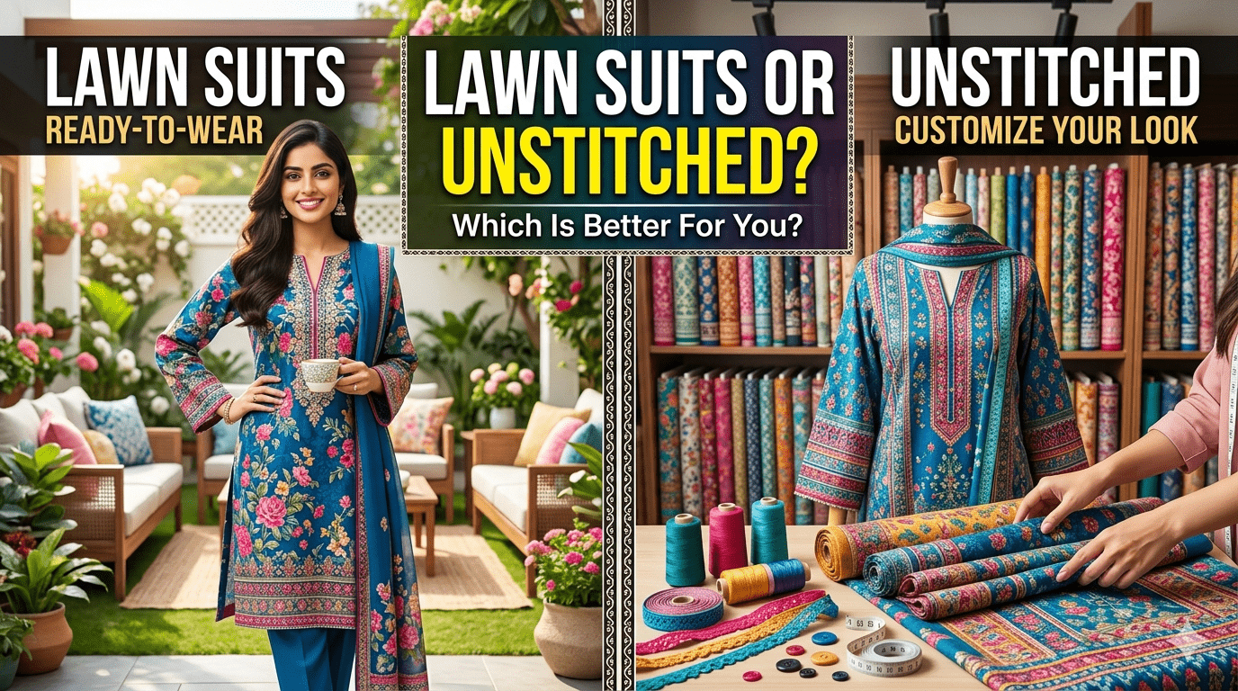 The left side showcases a finished, ready-to-wear lawn suit in a garden setting, while the right side focuses on the unstitched fabric