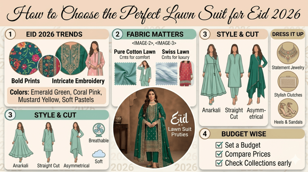 Fabric Matters: Compares Pure Cotton Lawn (for comfort) and Swiss Lawn (for luxury) with fabric swatches.