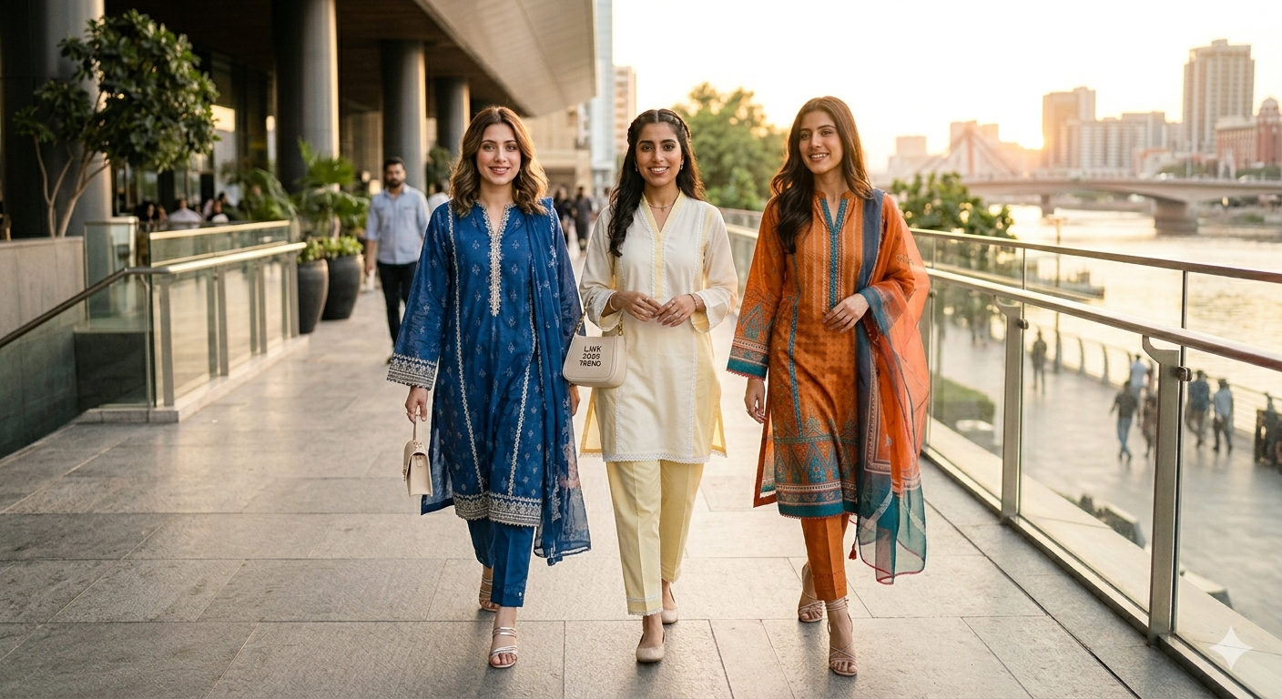 Three women wearing colorful traditional outfits walk along a modern outdoor walkway with a cityscape and river in the background.