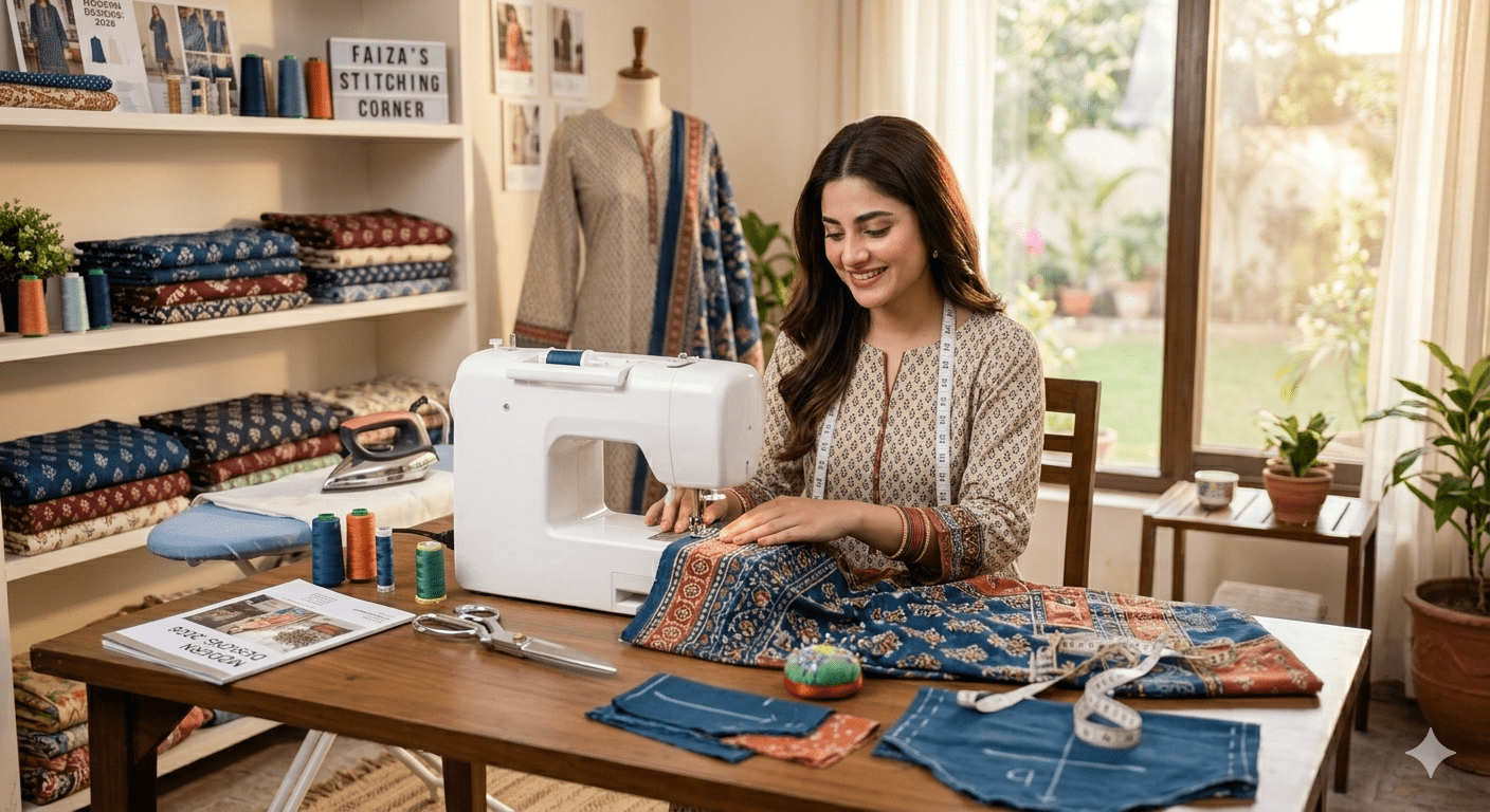 This image captures the essence of a dedicated, organized home tailoring setup. Notice how natural light illuminates the workspace—crucial for precise cutting and stitching.