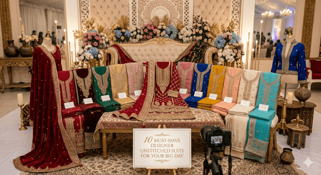 Central Focus: The primary suit in the center is a rich red fabric heavily adorned with traditional gold patterns, partially draped to show its full potential as a bridal or formal ensemble.