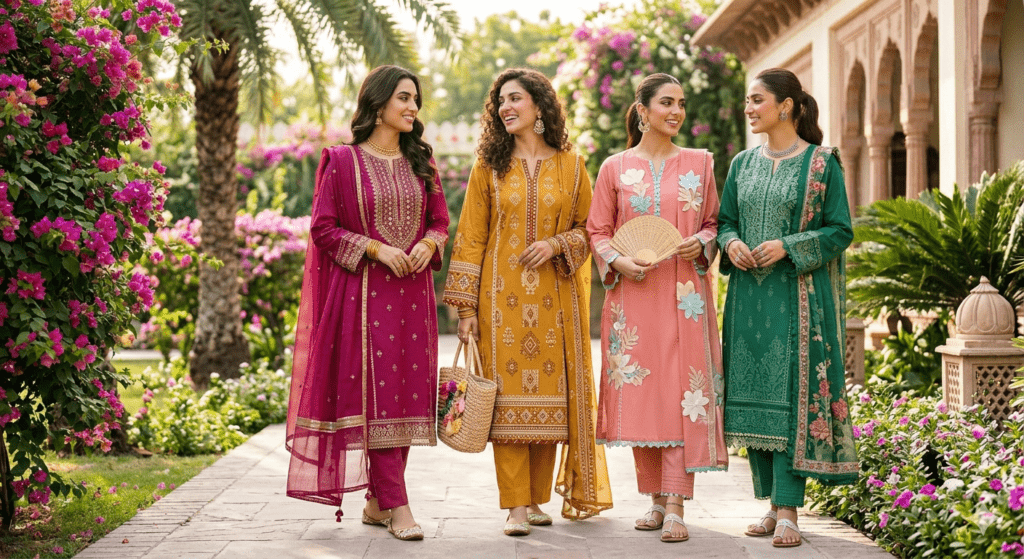 Four women in cultural garments walking side by side on a path through a lush landscape.